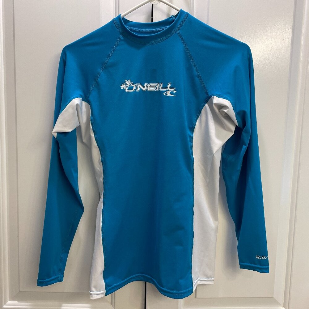 EUC Women's O'Neill 50+ UV Protection Swim Shirt, Aqua Blue, Slim Fit, Sz M